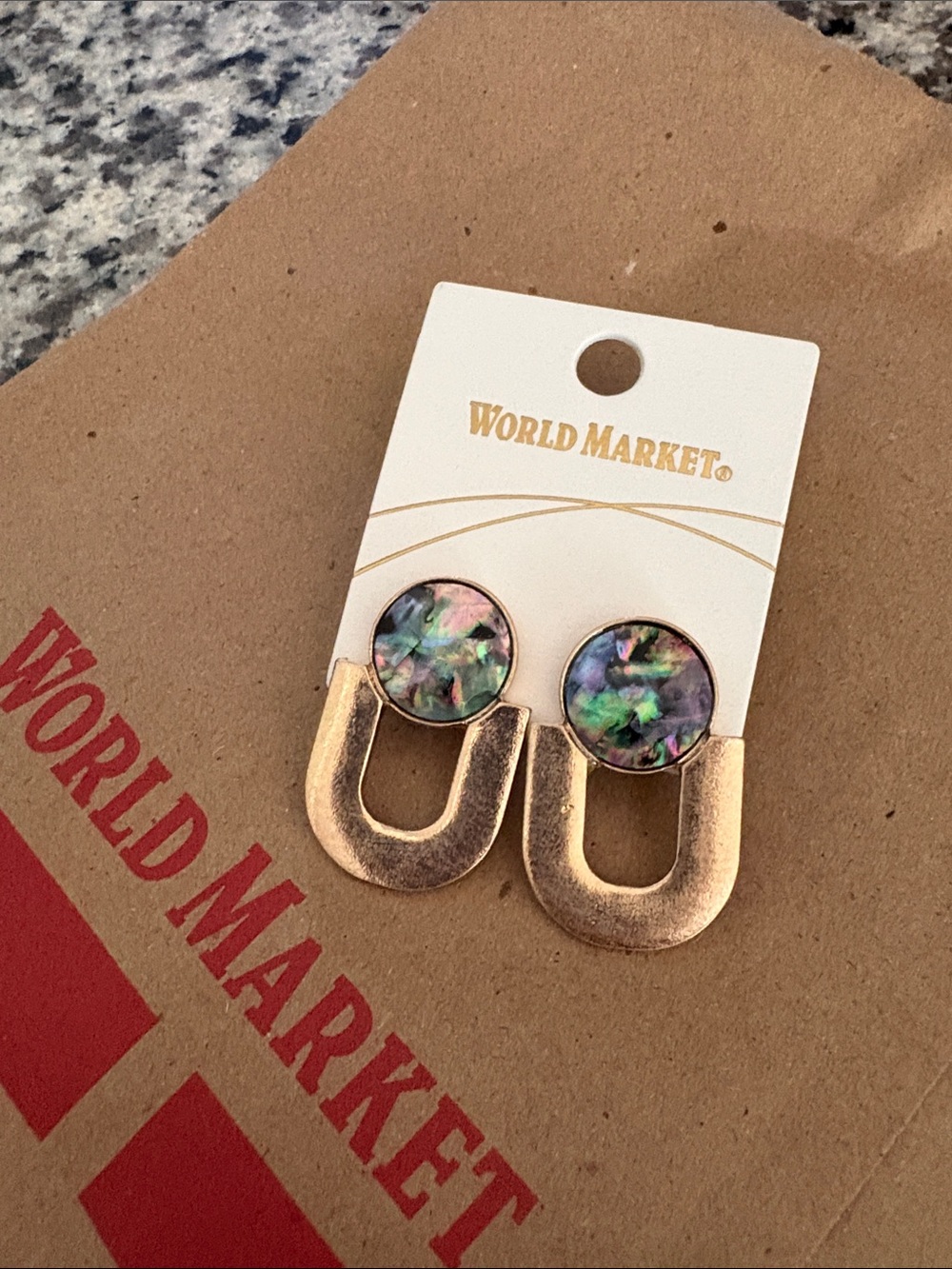 Cost Plus World Market Gold-Tone Earrings with Iridescent Green-Purple Inlay